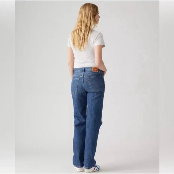 Levi's Low Pro Straight Jeans Women Blue Distressed Ripped Leg Mid Rise 30 - Picture 2 of 7